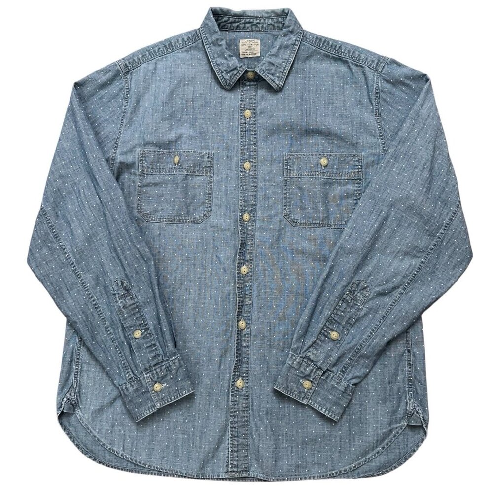 J.Crew Shirt Mens Size L Long Sleeve Chambray Polka Dot Pockets Workwear Blue